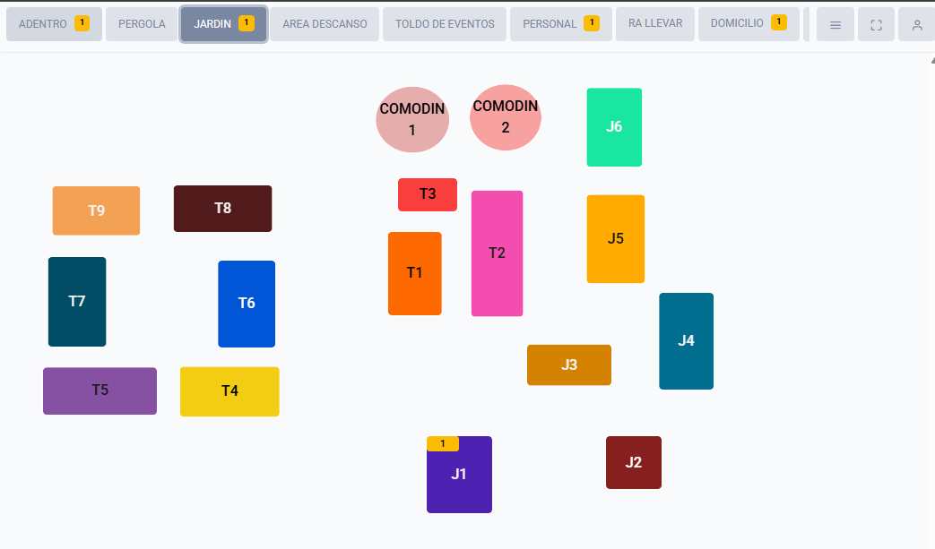 Mapa de mesas de un restaurante en Vlac Systems: áreas Adentro, Pérgola, Jardín y mesas por zona