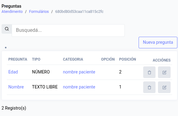Listado de preguntas del formulario