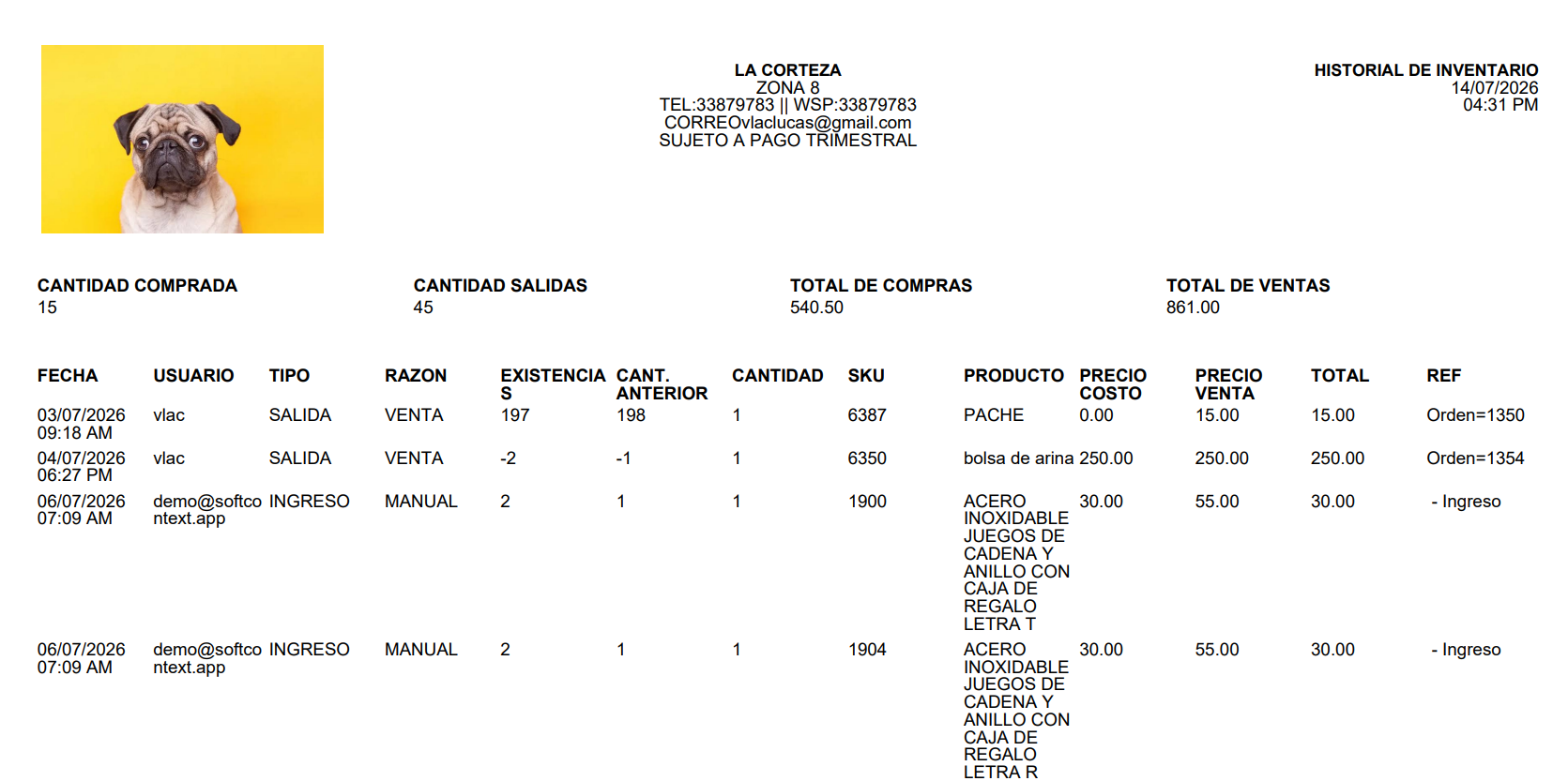 Historial de inventario
