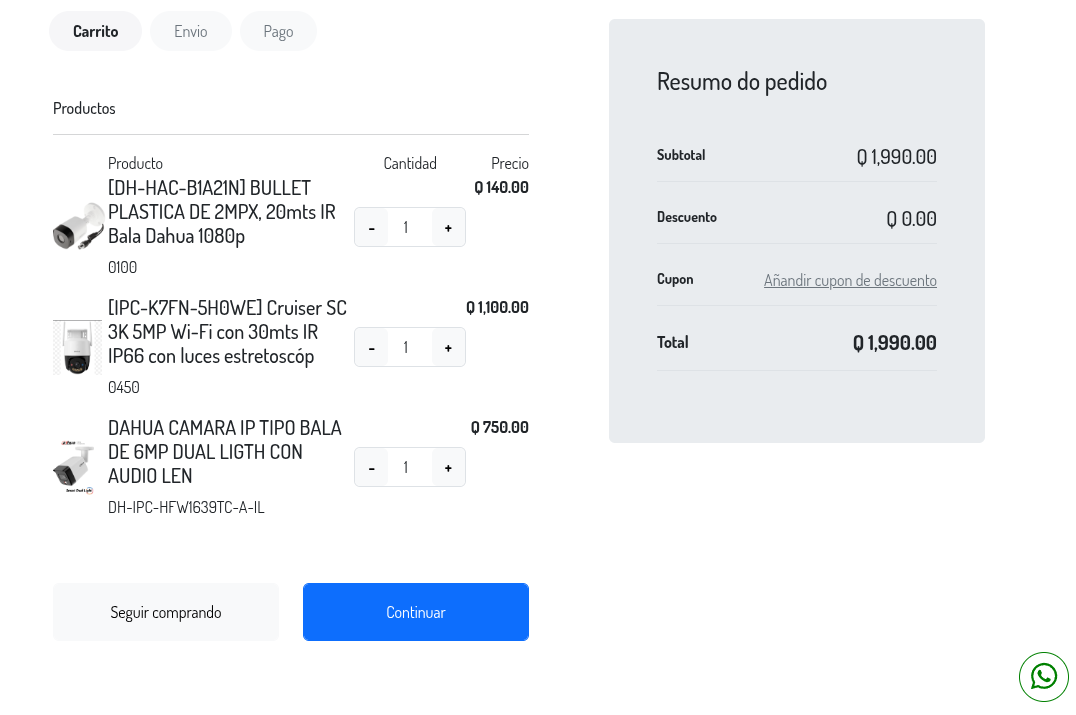 Carrito, cupón de descuento y resumen del pedido